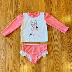 Hudson Baby Pink Swim Rashguard Set - “Bonjour”, 9-12M